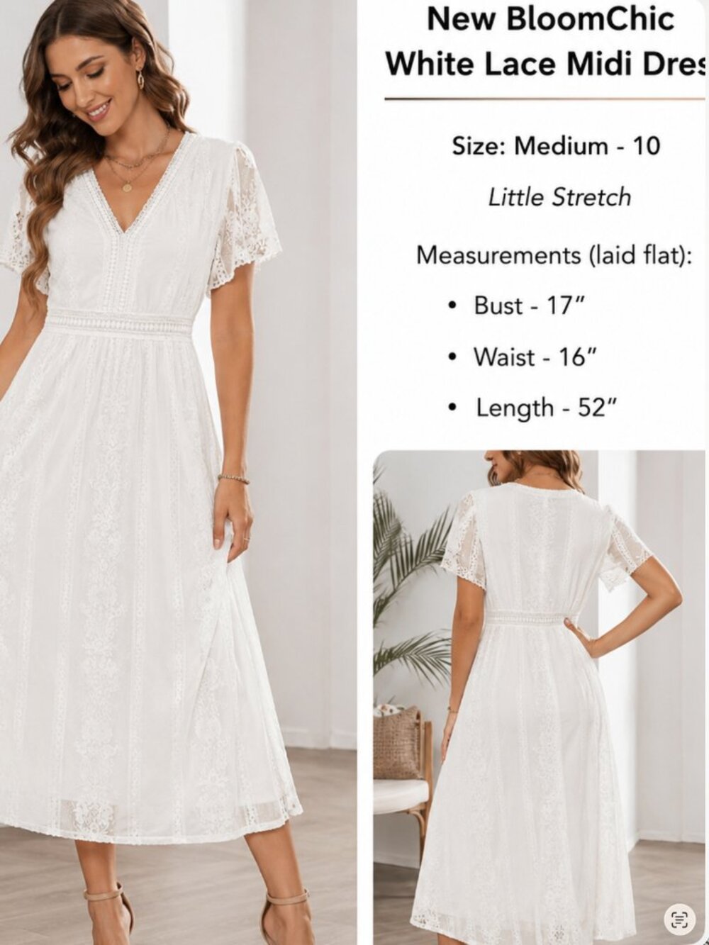 NWT Bloomchic Dress White Lace Midi Dress Size Medium 10 - Picture 2 of 11